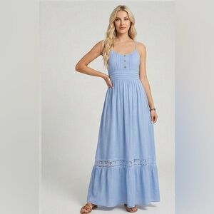 Boho Shirred Ruffle Lace Hem Maxi Dress Blue